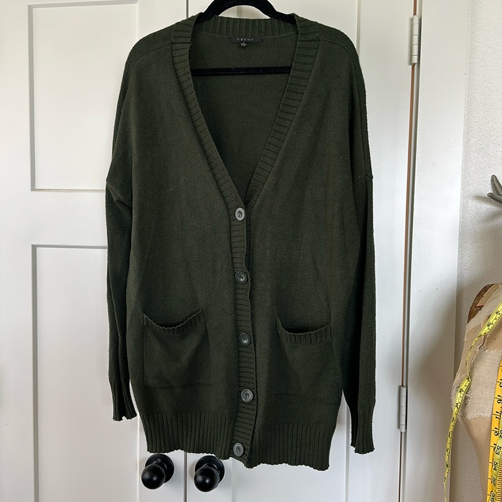 Cyrus olive Green Grandpa Pocket Long Cardigan Sweater